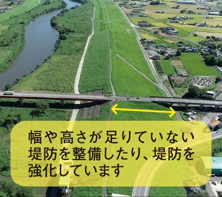 幅や高さが足りていない堤防を整備したり、堤防を評価しています