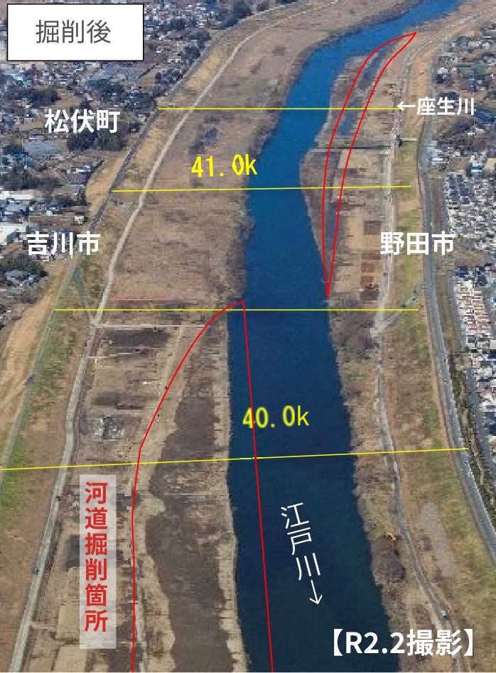 洪水が流れる河道断面が不足する箇所の河道掘削　掘削後